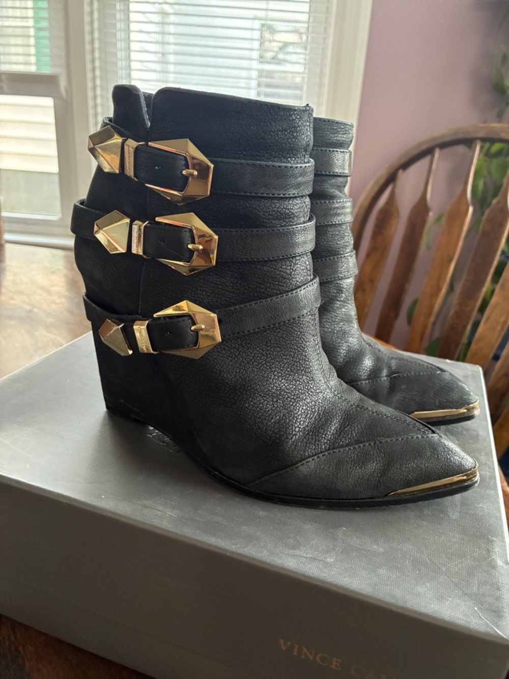 Vince Camuto Black Leather Wedge Ankle Boots with Gold Buckle Accents